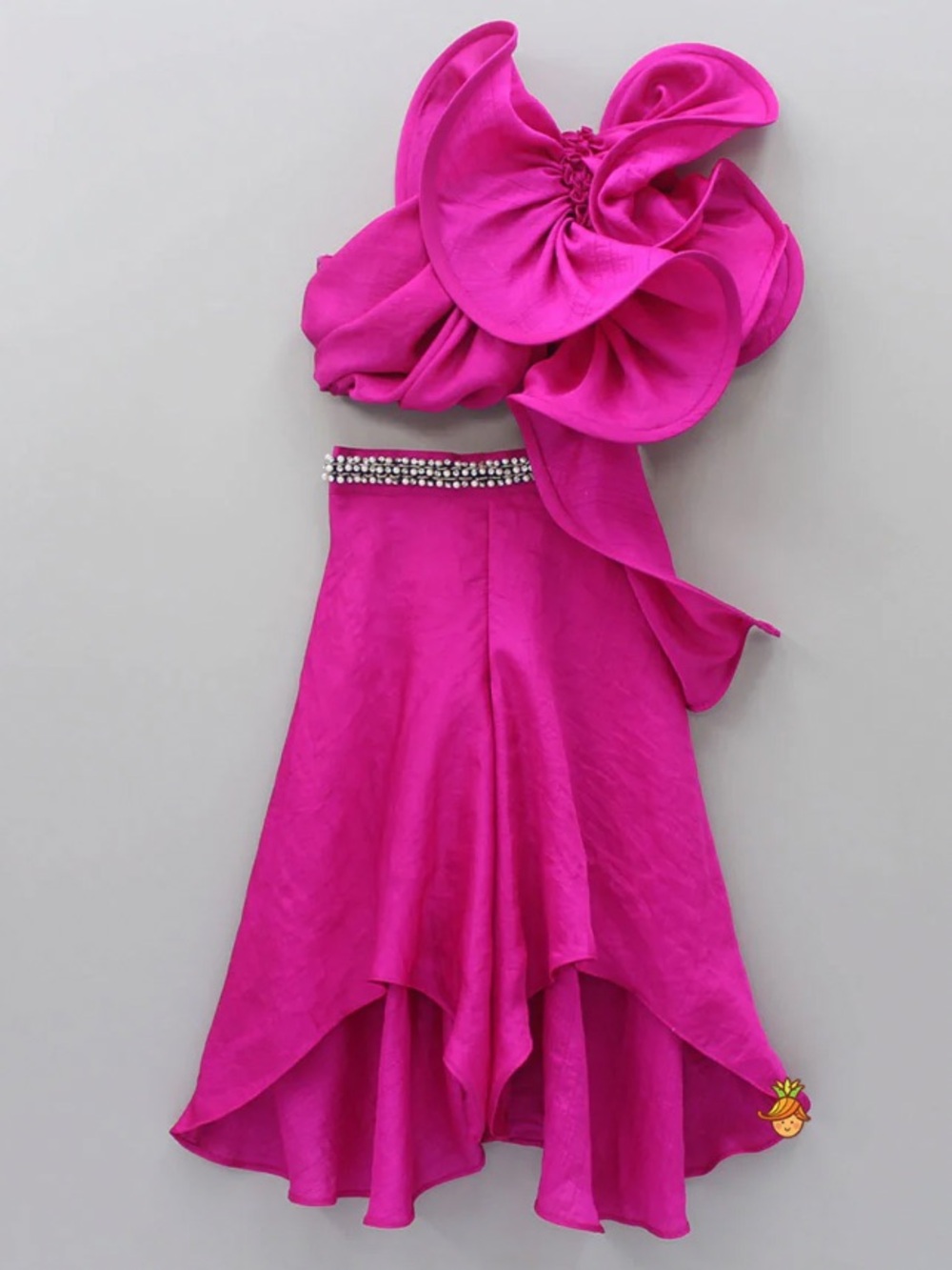 Girl's Fuchsia One-Shoulder Dance Set with Rhinestone Waist